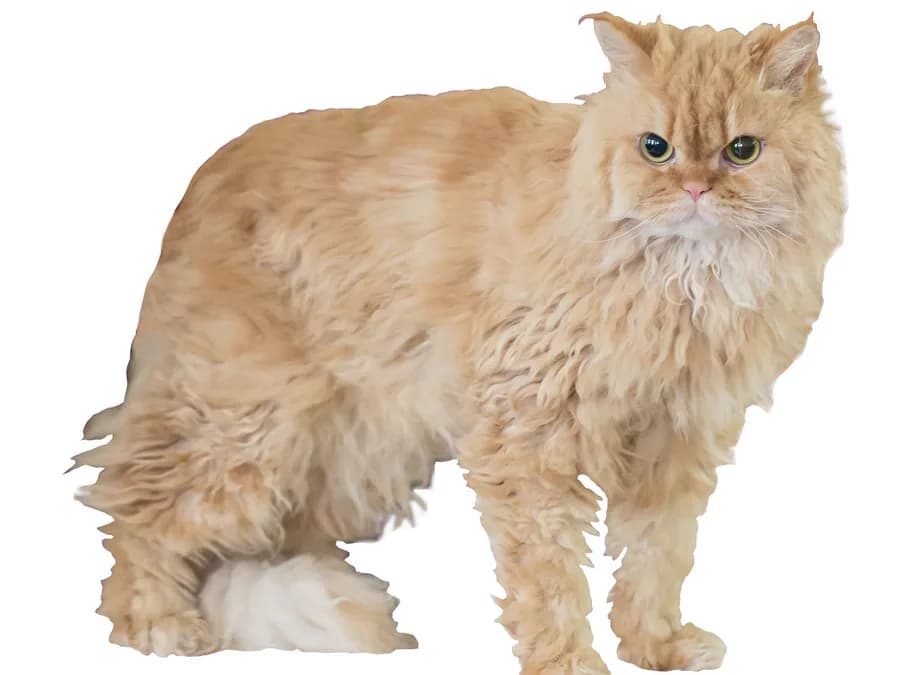 Selkirk Rex roux debout, la toison bouclée visible des joues jusqu'à la queue